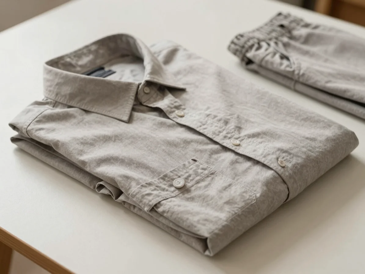 Editorial garment photography of a neatly folded textile shirt an