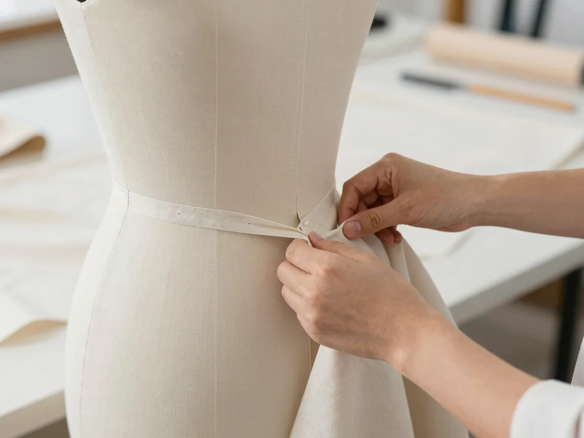 Tailoring work in progress: hands pinning fabric on a dress form
