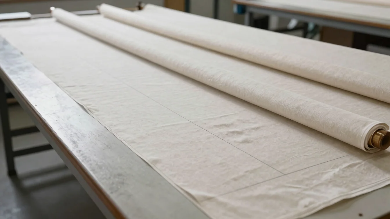 Wide view of raw textile fabric bolts and cut pattern pieces on a long cutting table, chalk lines visible, soft even stu