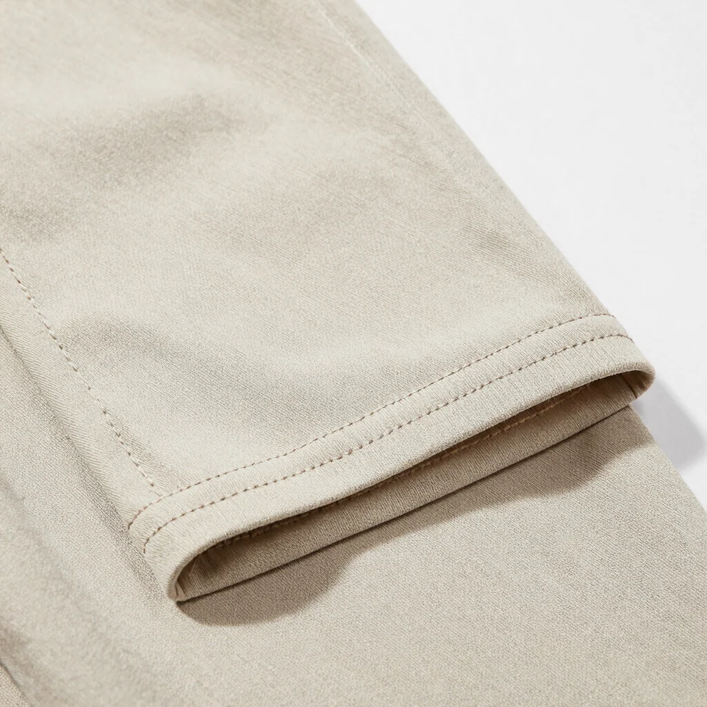 Close macro of a trouser hemline with even topstitching on textile fabric, soft even studio daylight, clean composition,