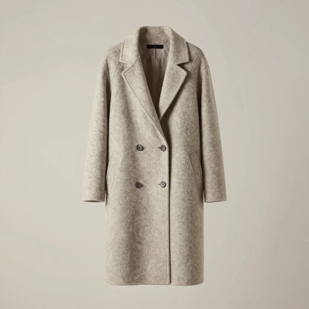 Structured wool-blend coat on a neutral backdrop, soft directional studio daylight, clean product view, tactile neutral