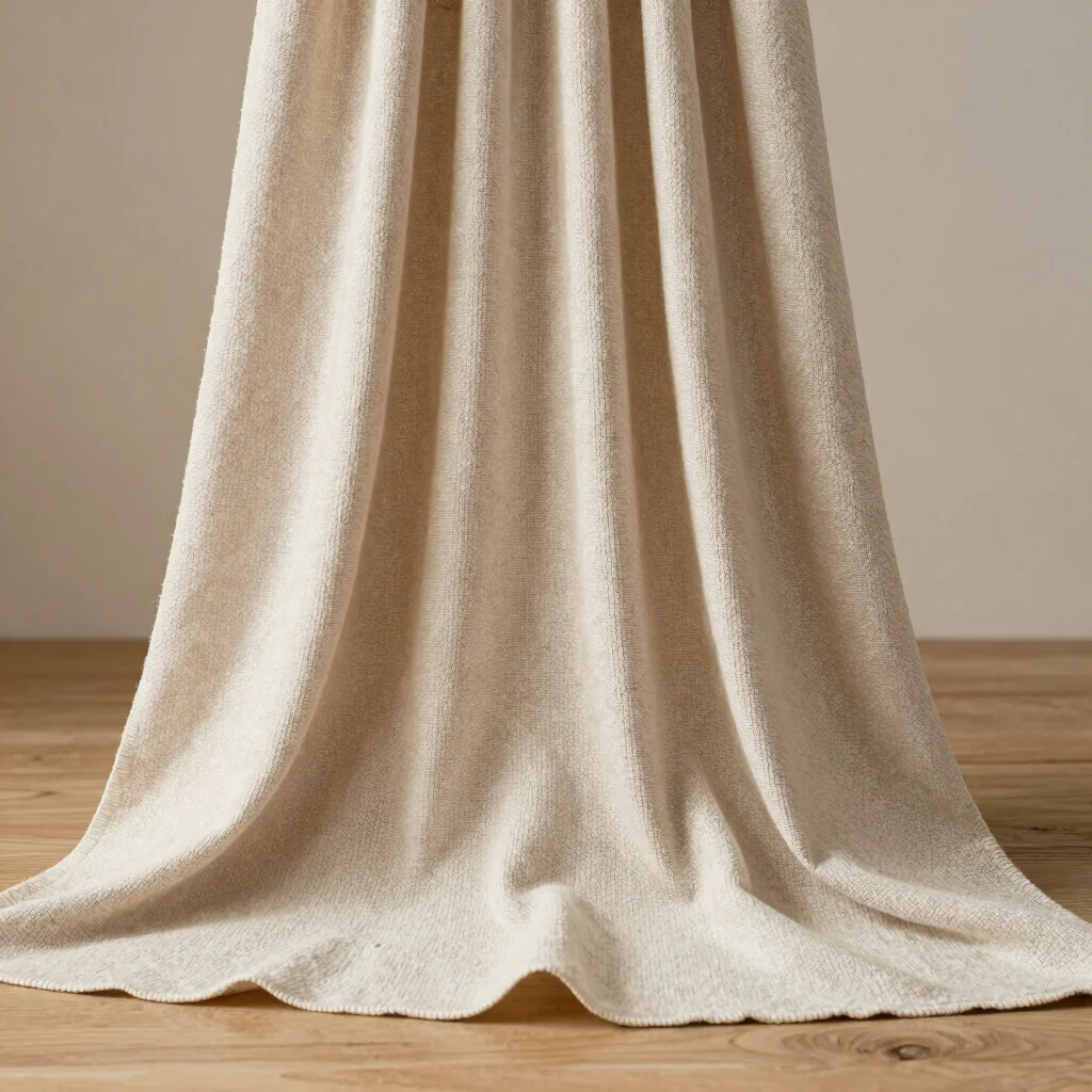 Fabric drape detail of a woven textile garment falling over a wooden surface, soft even studio daylight, editorial garme