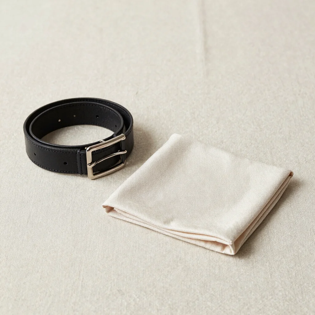 Matched textile accessories including a belt and pocket square arranged on neutral fabric, soft studio daylight, clean c
