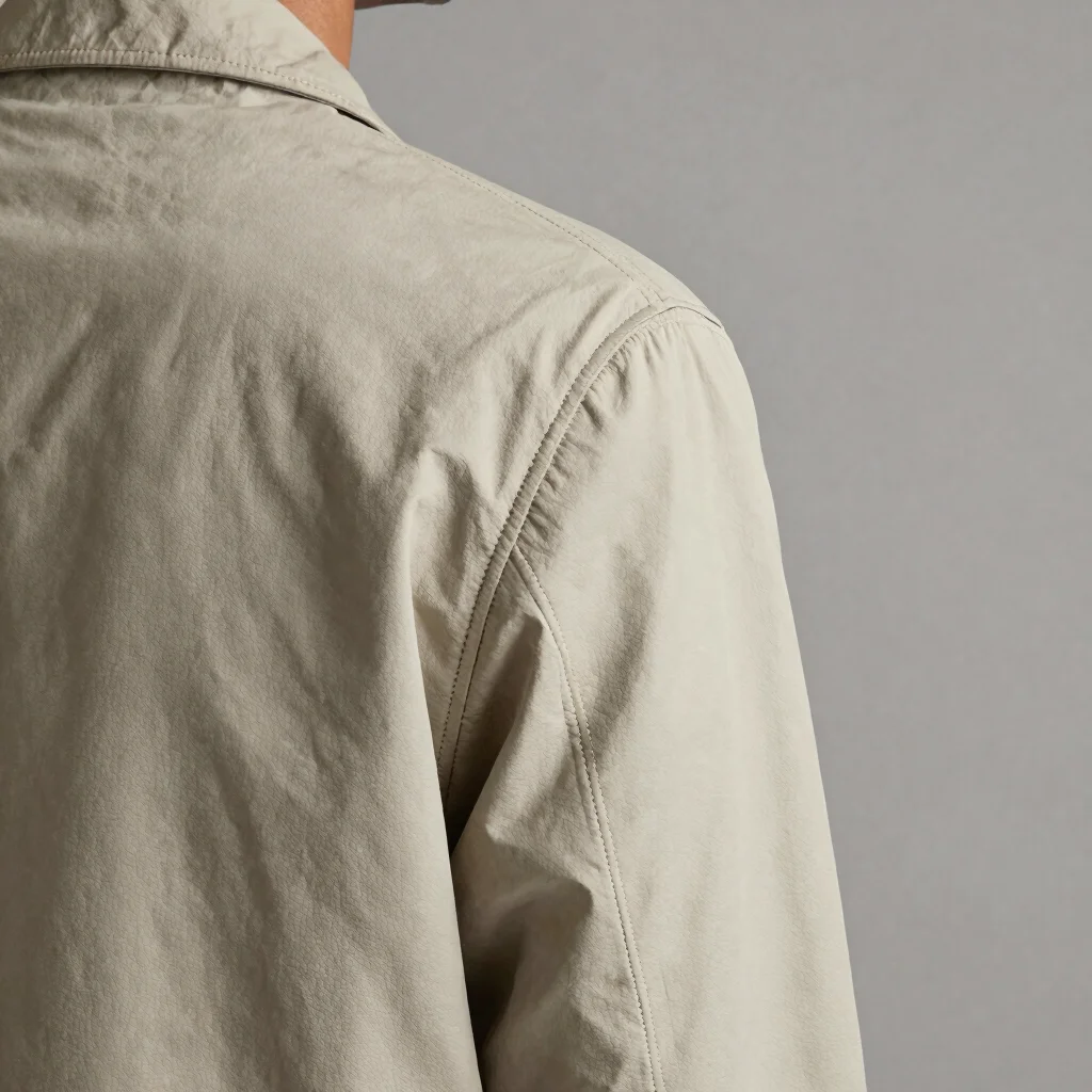 Sleeve and shoulder seam close-up on a finished jacket, soft directional studio daylight, precise stitch detail, 50mm le