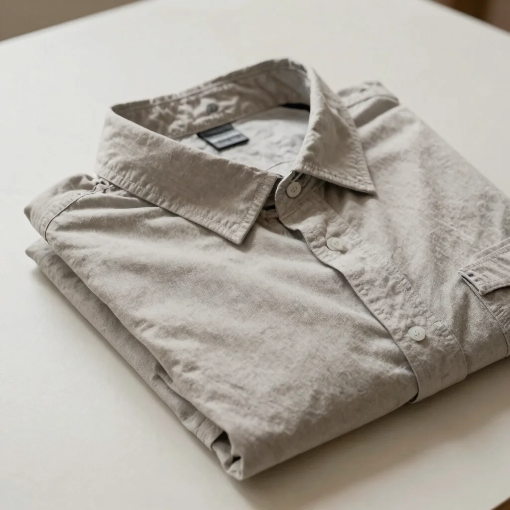 Editorial garment photography of a folded cotton shirt on a neutral table, soft directional studio daylight, close view